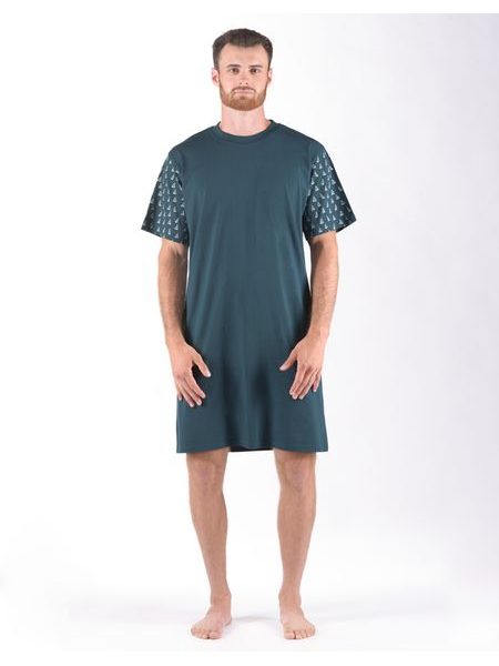Pánské košile noční pánská krátký rukáv, šité, s potiskem Pyžama 2024 79176P - petrolejová šedobílá