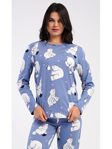 Dámské pyžamo dlouhé Tučňák a méďa - modrošedá