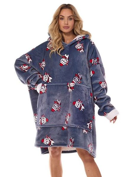 Hřejivá maxi mikina Hoodie šedá se Santa medvídky