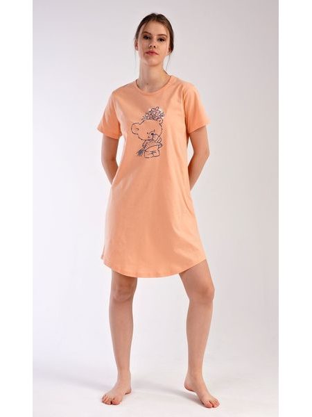 Dámská noční košile s krátkým rukávem Méďa s kytkou - meruňková