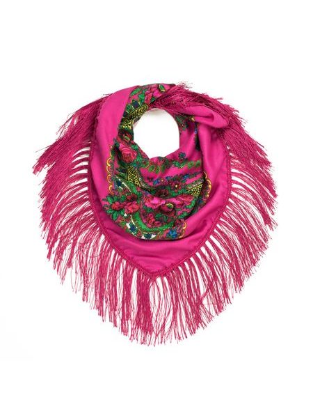 Růžový folkový šátek s dlouhými třásněmi