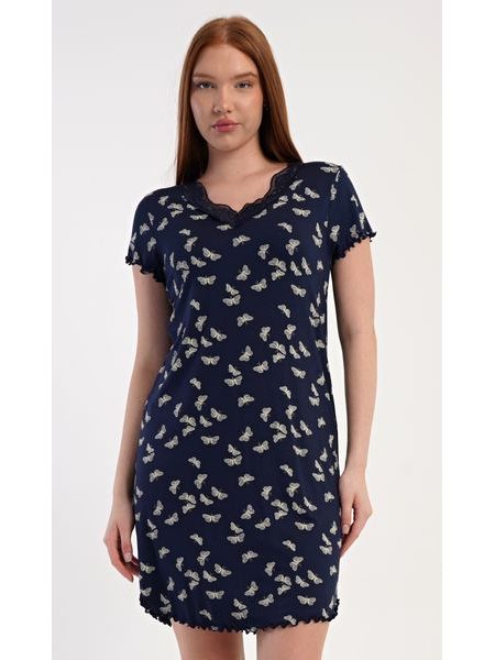 Dámská noční košile s krátkým rukávem Motýlci - tmavě modrá