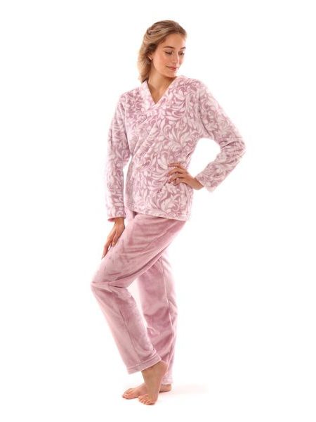 Dámské dlouhé teplé pyžamo FLORA růžový tisk na bílé