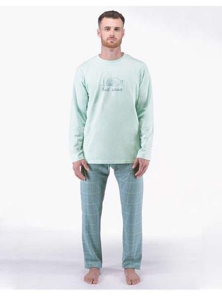 Pánské pyžamo dlouhé pánské, šité, s potiskem Pyžama 2024 79177P - sv. šedá měsíc