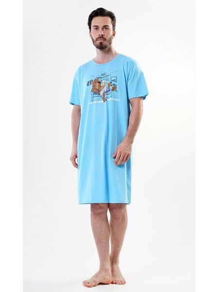 Pánská noční košile s krátkým rukávem Boss - světle tyrkysová