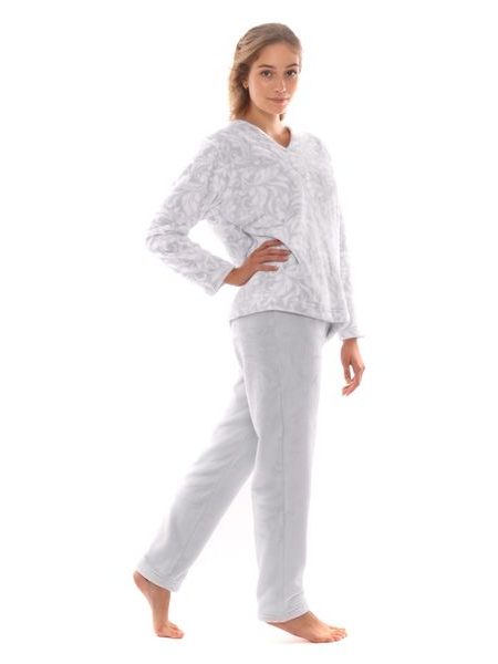 Dámské dlouhé teplé pyžamo FLORA šedý tisk na bílé
