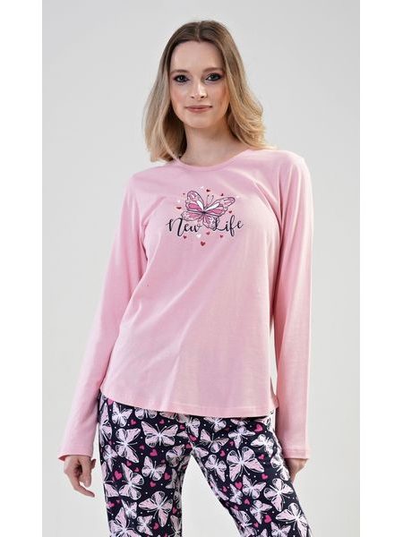 Dámské pyžamo dlouhé Motýlci - světle růžová