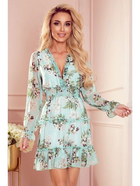 Šaty s volánky a širokou gumou - květiny na zeleném pozadí