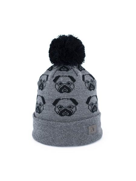 Šedá čepice s mopsem a bambulí