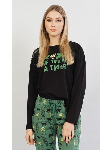 Dámské pyžamo dlouhé Tiger - černá