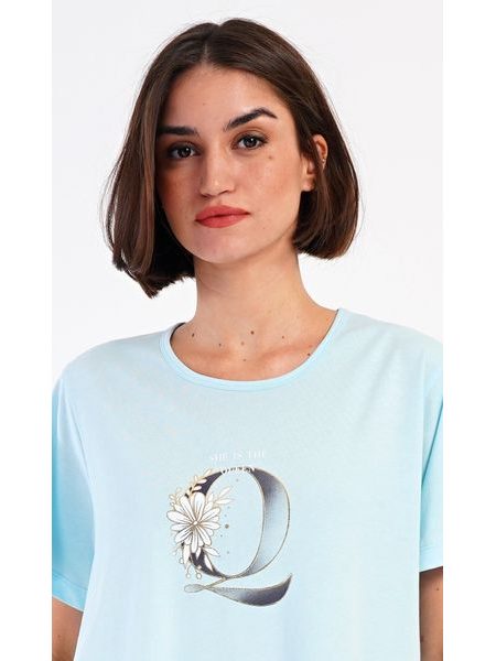 Dámské domácí šaty s krátkým rukávem Queen - světle modrá