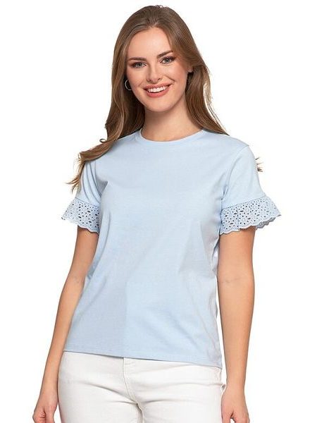 Bavlněné dámské triko modré s krajkou na rukávech