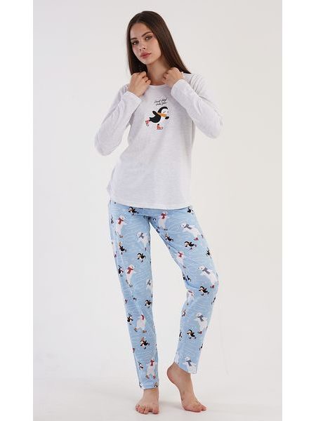 Dámské pyžamo dlouhé Tučňák na ledě - světle šedá