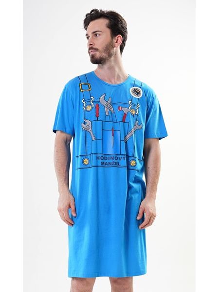 Pánská noční košile s krátkým rukávem Hodinový manžel - modrá