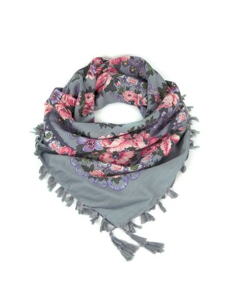 Folkový šátek s květy šedý