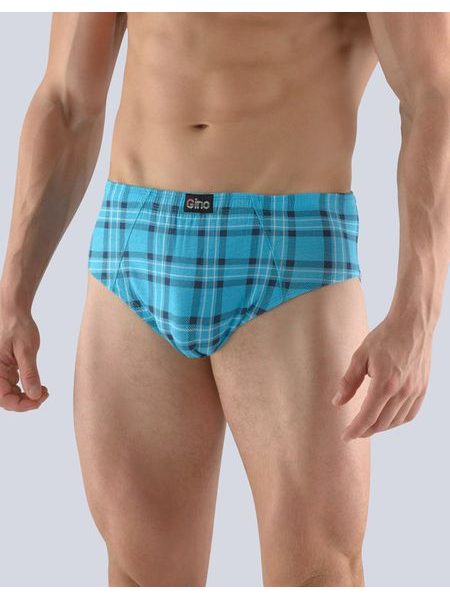 Pánské slipy se širším bokem, šité, s potiskem 71094P - tm. tyrkysová tm. šedá