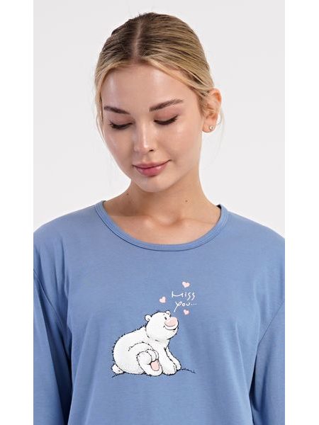 Dámské pyžamo dlouhé Méďa a tučňák - modrošedá