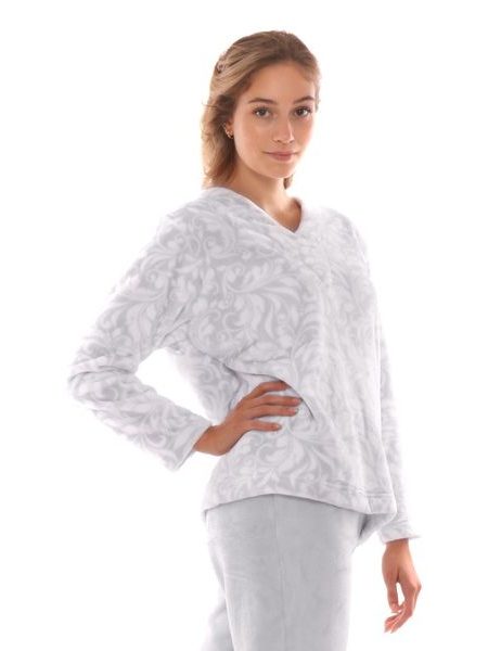 Dámské dlouhé teplé pyžamo FLORA šedý tisk na bílé