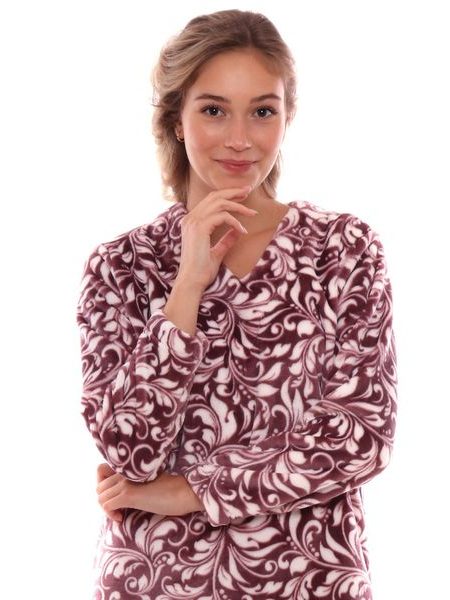 Dámské dlouhé teplé pyžamo FLORA vínový tisk na bílé