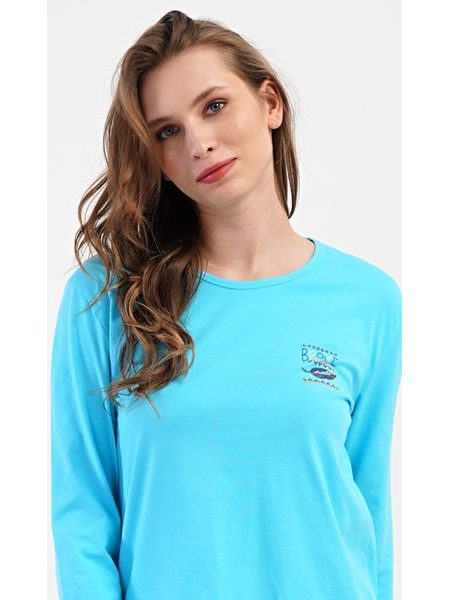 Dámské pyžamo dlouhé Listy - tyrkysová