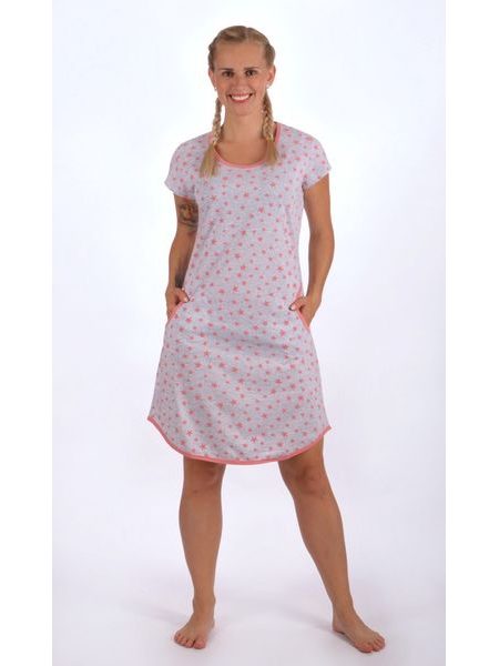 Dámská noční košile s krátkým rukávem Stars - šedá/lososová