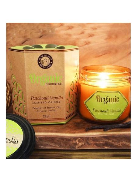 Organická svíčka 200g v jantarovém skle, Patchouli Vanilla