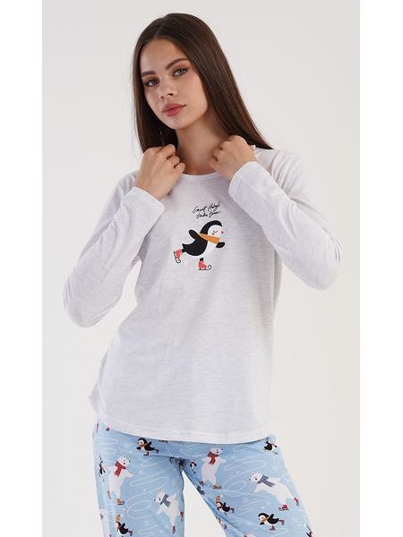 Dámské pyžamo dlouhé Tučňák na ledě - světle šedá