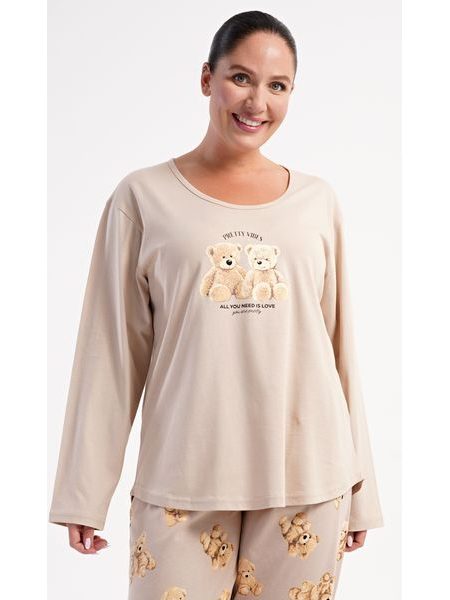 Dámské pyžamo dlouhé Méďové - béžová