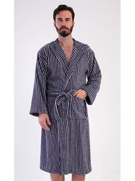 Pánský župan s kapucí Proužek - tmavě modrá