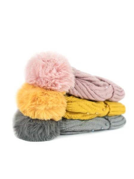 Dámská módní čepice s bambulí a perličkami béžová