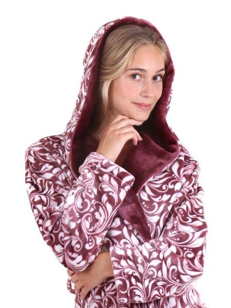 Dámský dlouhý župan s kapucí FLORA vínová/bílá