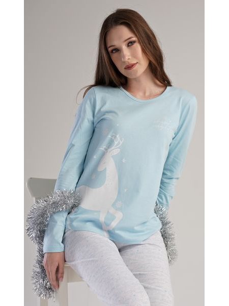 Dámské pyžamo dlouhé Jelen - světle modrá