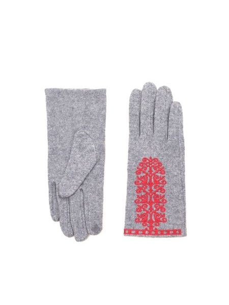 Šedé rukavice s červenou výšivkou