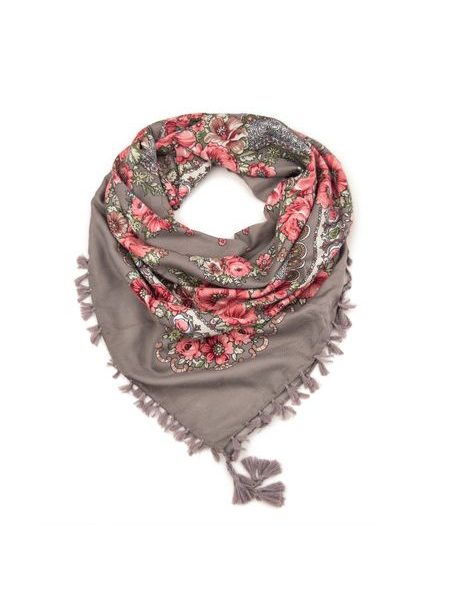Folkový šátek s květy hnědý