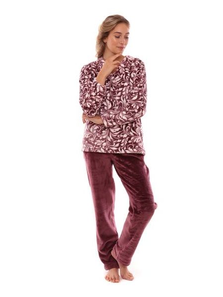 Dámské dlouhé teplé pyžamo FLORA vínový tisk na bílé