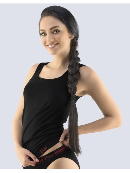 Dámské tílko prodloužené, širší ramínka, bezešvé, jednobarevné Natural Bamboo 08028P - černá kofola