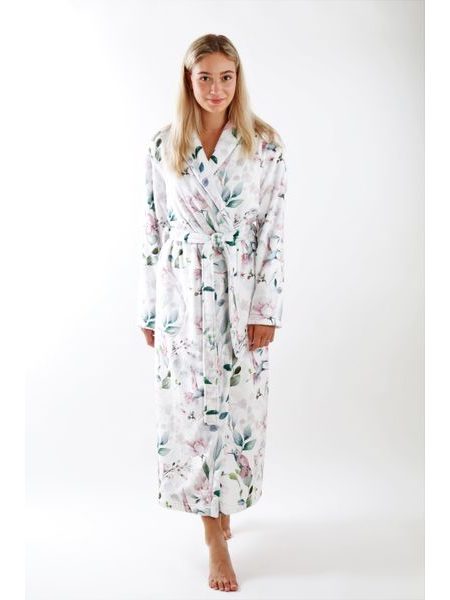 Dámský dlouhý župan s šálovým límcem Calypte Květiny a kolibříci