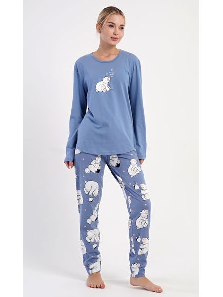 Dámské pyžamo dlouhé Méďa a tučňák - modrošedá
