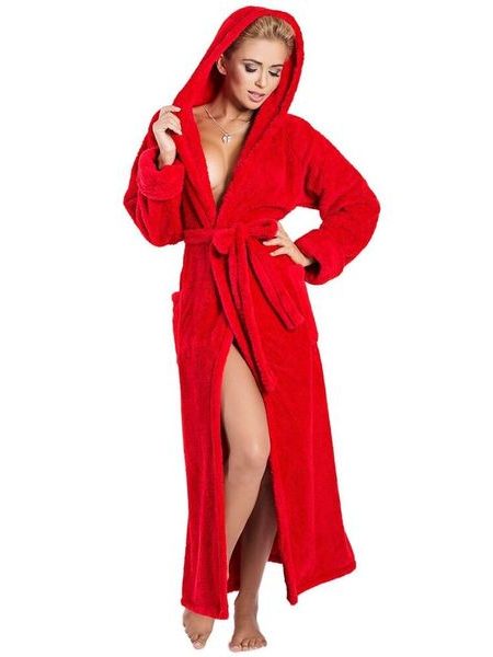 Dlouhý huňatý župan Diana červený s kapucí