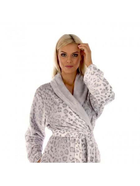 Dámský dlouhý župan se šálovým límcem IRBIS leopardí vzor šedá
