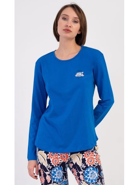 Dámské pyžamo dlouhé Květy - modrá