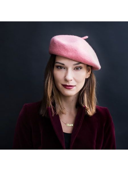 Klasický francouzský baret s anténkou, fialovo-růžový