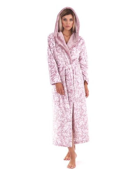 Dámský dlouhý župan s kapucí FLORA starorůžová/bílá