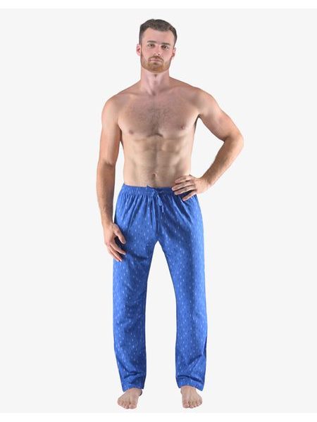 Pánské kalhoty dlouhé pyžamové pánské, šité, klasické, s potiskem Pyžama 2023 79169P - modrá pomnenková