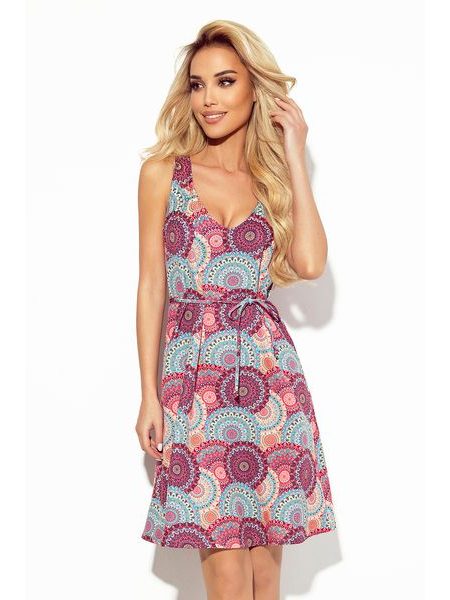 Šaty áčkového střihu s výstřihem - růžovo modré