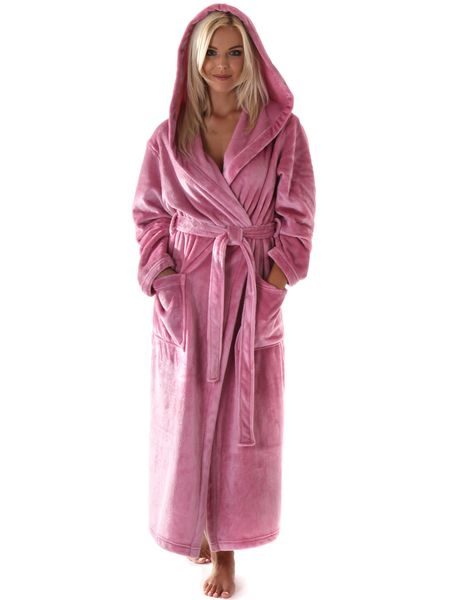 Dámský dlouhý hřejivý župan s kapucí SIENA starorůžová