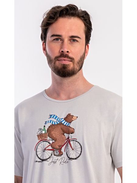 Pánská noční košile s krátkým rukávem Méďa na kole - šedá