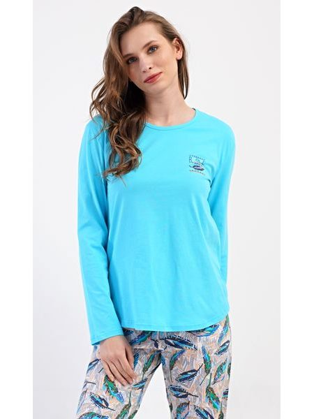 Dámské pyžamo dlouhé Listy - tyrkysová