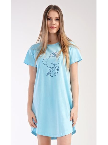 Dámská noční košile s krátkým rukávem Méďa s kytkou - mentolová