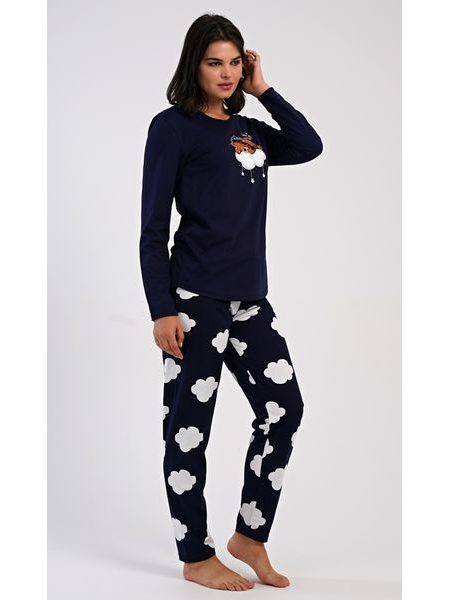 Dámské pyžamo dlouhé Méďa na obláčku - tmavě modrá